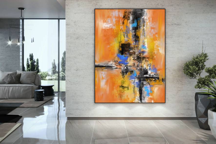 Blue Hand-painted Black Palette Yellow Abstract Canvas Artwork 4GIE7
